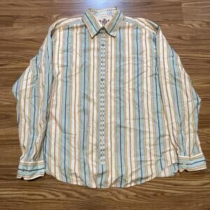 Robert Graham Flip Cuff Button Front Striped Teal  Orange Embroidered Spring 2XL